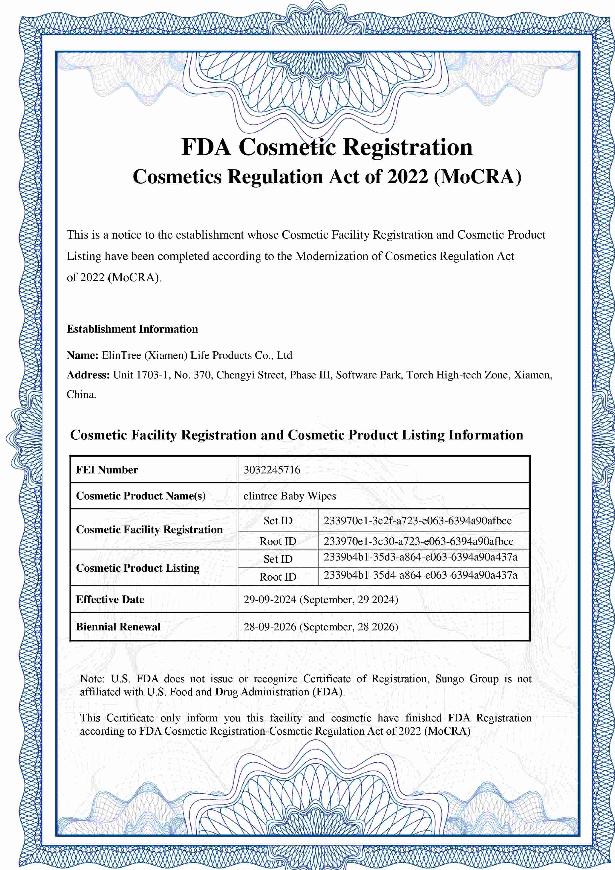 FDA-Registrierungsmitteilung für Kosmetikprodukte 2022