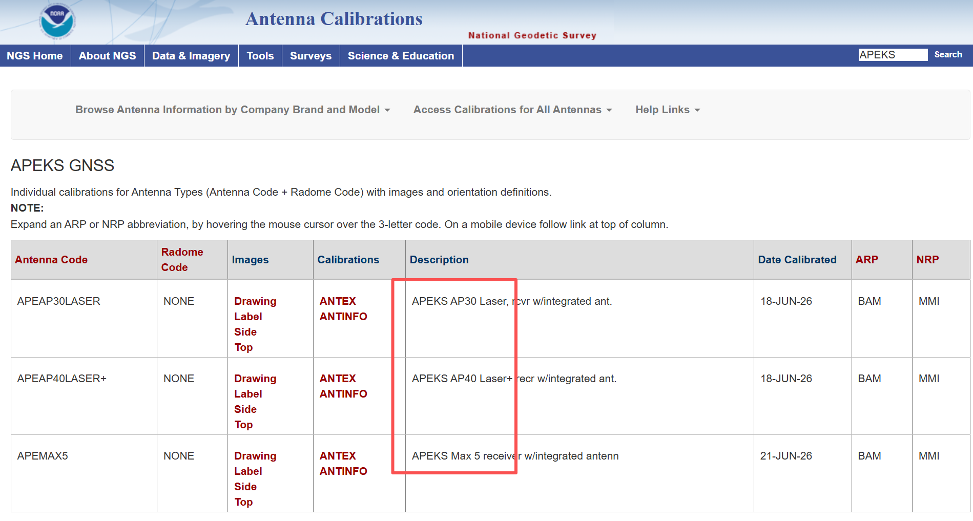 APEKS AP30 Laser, AP40 Laser+, and MAX5 listed in NOAA NGS Antenna Calibration database