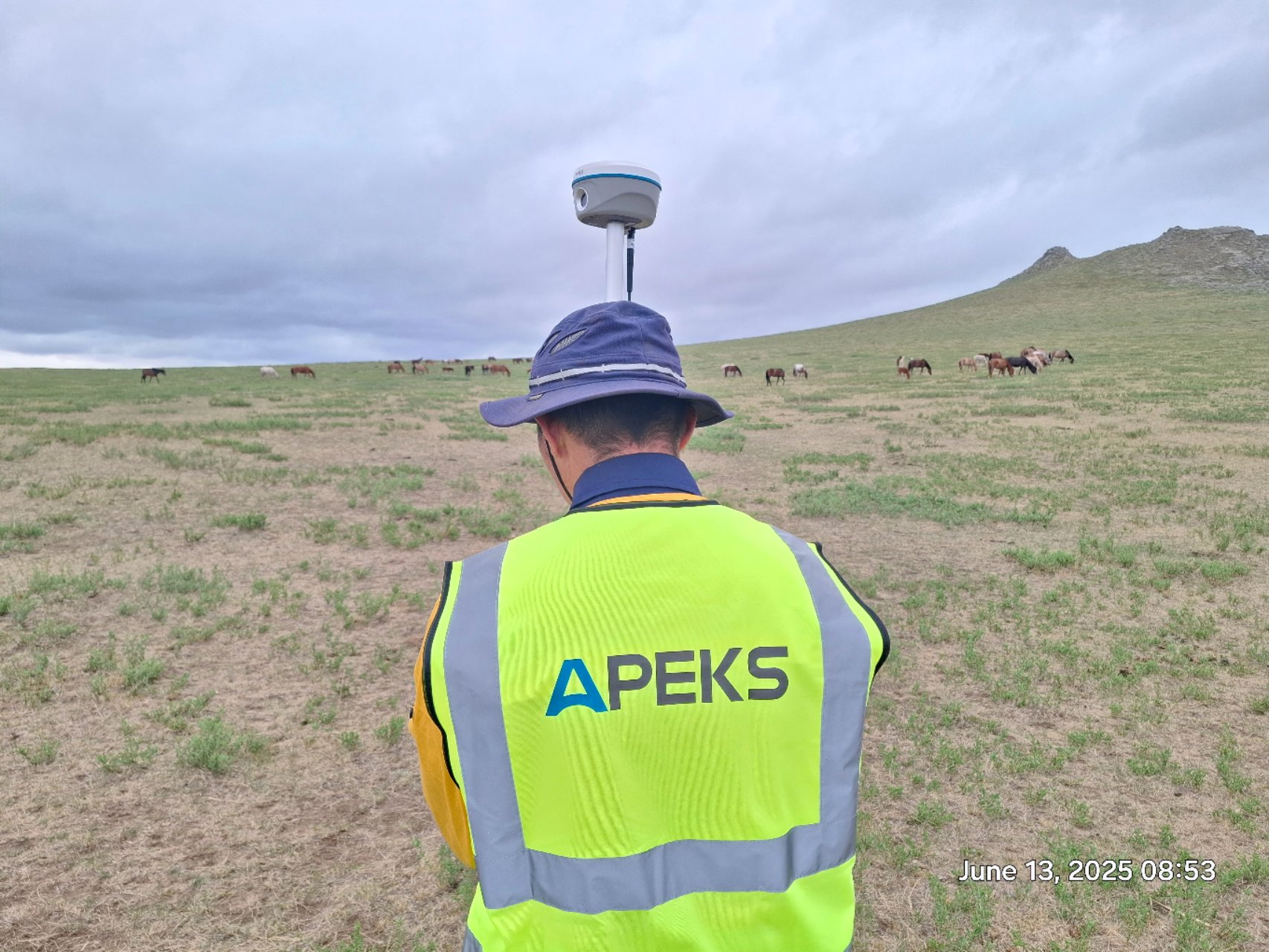 Surveyor wearing APEKS safety vest operating an RTK GNSS receiver on the open Mongolian steppe with horses in the background