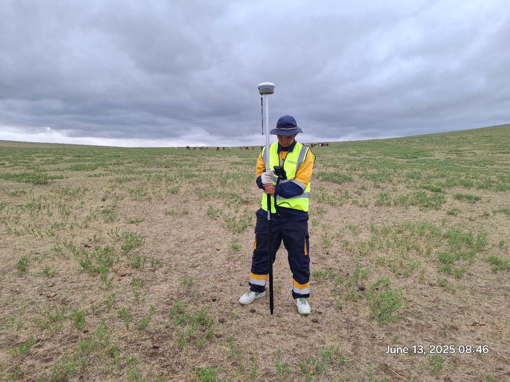 A field engineer setting up an APEKS RTK GNSS rover on an open grassland site under overcast skies in Mongolia