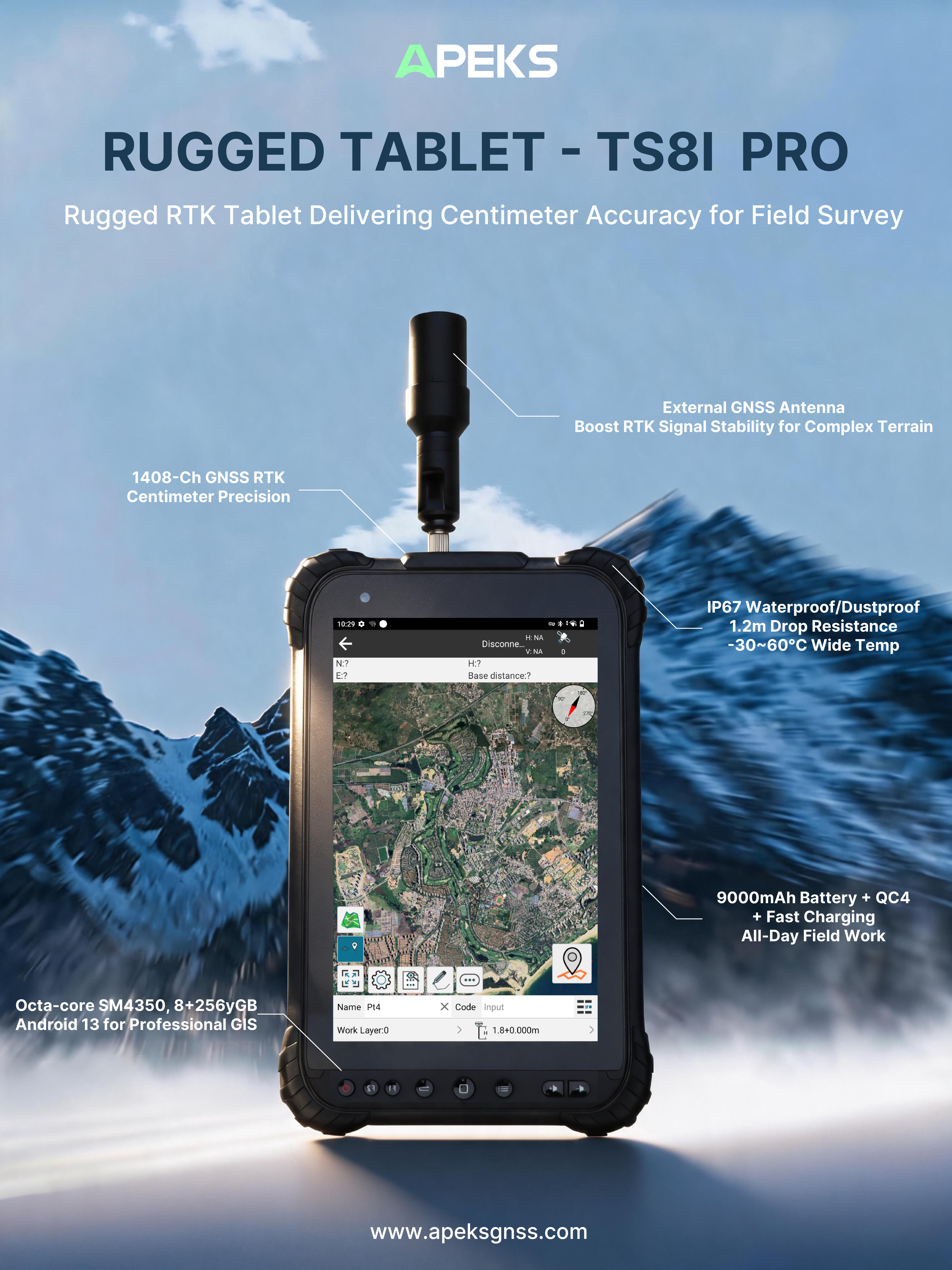 APEKS TS8i Pro robustes Android-Tablet mit integriertem 1408-Kanal-RTK-GNSS und externer Antenne für professionelle Feldvermessungen